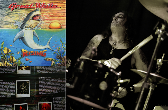 Photo of ...awlrite, the photo isn't very big, but I still find it cool to see one of my live pix of Audie Desbrow (dr.) in the album booklet of Great White's album the Rising (2009)!